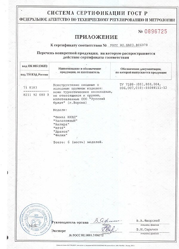 ПРИЛОЖЕНИЕ К СЕРТИФИКАТУ РОСС RU.SA03.В06078