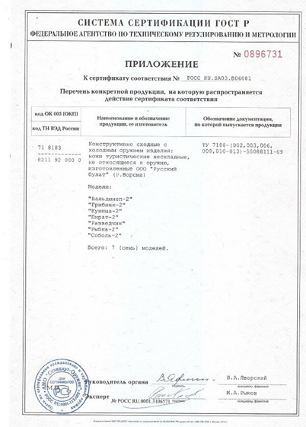 ПРИЛОЖЕНИЕ К СЕРТИФИКАТУ РОСС RU.SA03.В06081