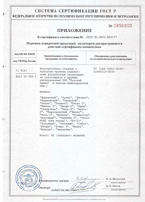ПРИЛОЖЕНИЕ К СЕРТИФИКАТУ РОСС RU.SA03.В06107