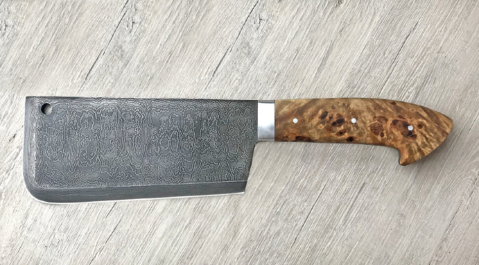 "Тяпка мясницкая", цельнометаллическая, дамасская сталь, карельская береза
